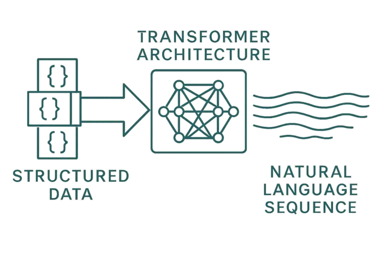 A minimal Zen-style diagram illustrating LLMs translating structured data into natural language.