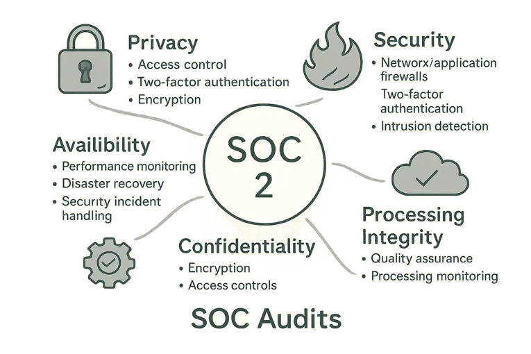 Mind map diagram showing SOC 1, SOC 2, and SOC 3 audits, Type 1 and Type 2 reports, and standards SSAE 18 and ISAE 3402.