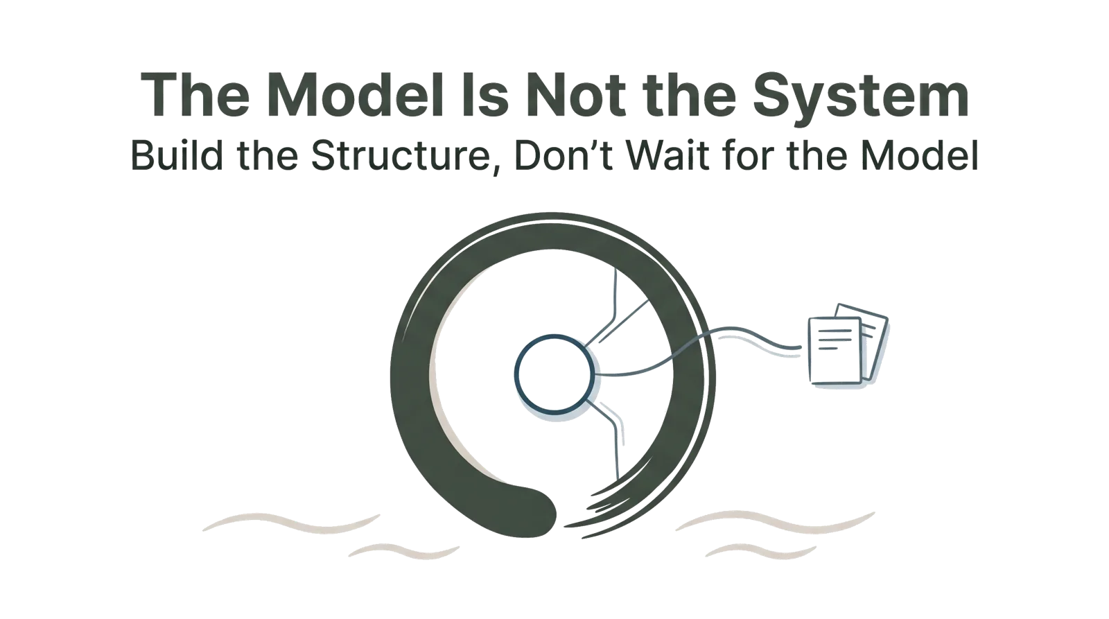 A minimal Zen-style illustration of a large enso circle holding a small inner circle, with thin conduits carrying its output to documents outside.
