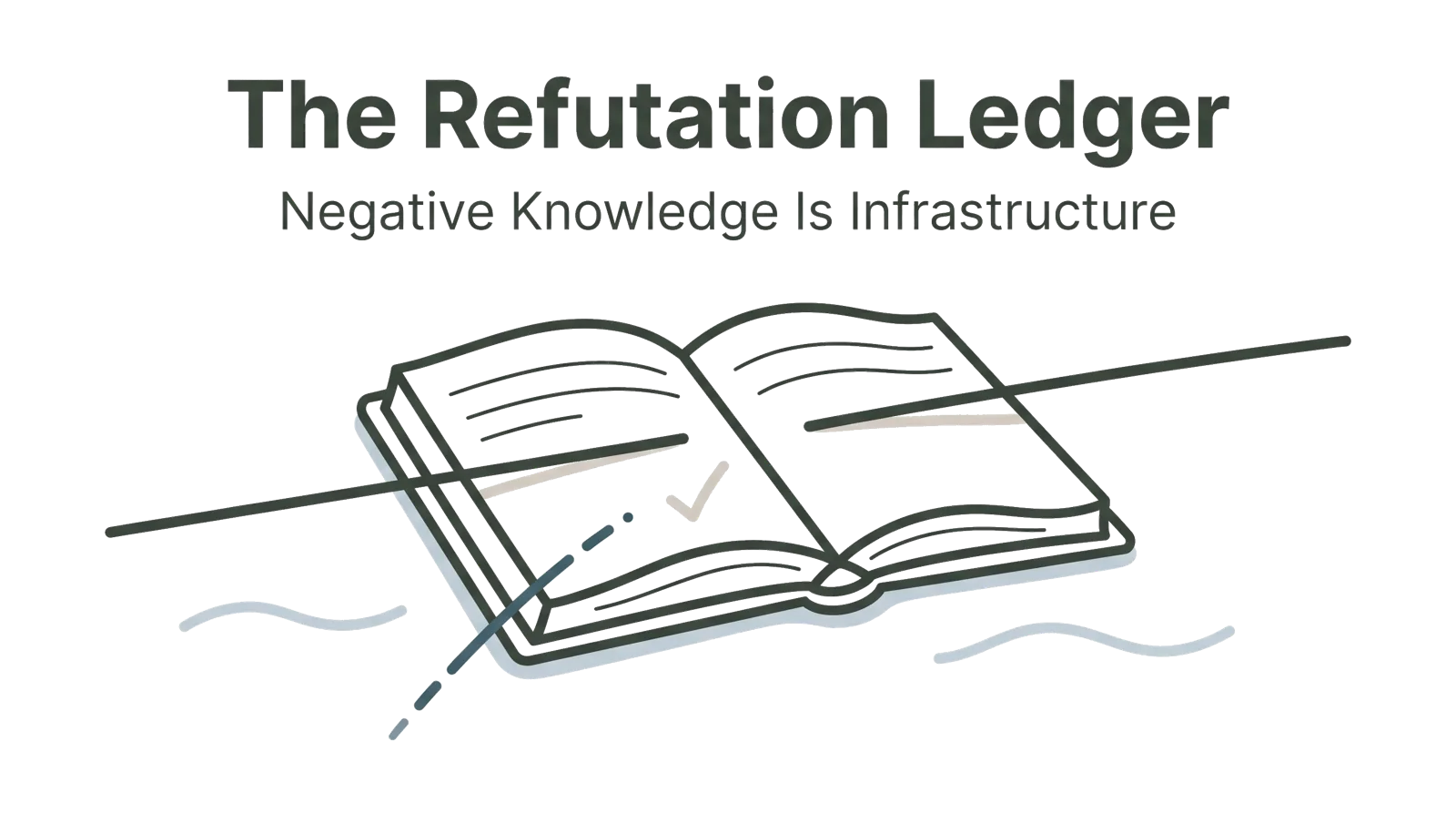 A minimal Zen-style illustration of an open ledger with one solid line passing through unbroken and one fading dashed line that dies before arriving.