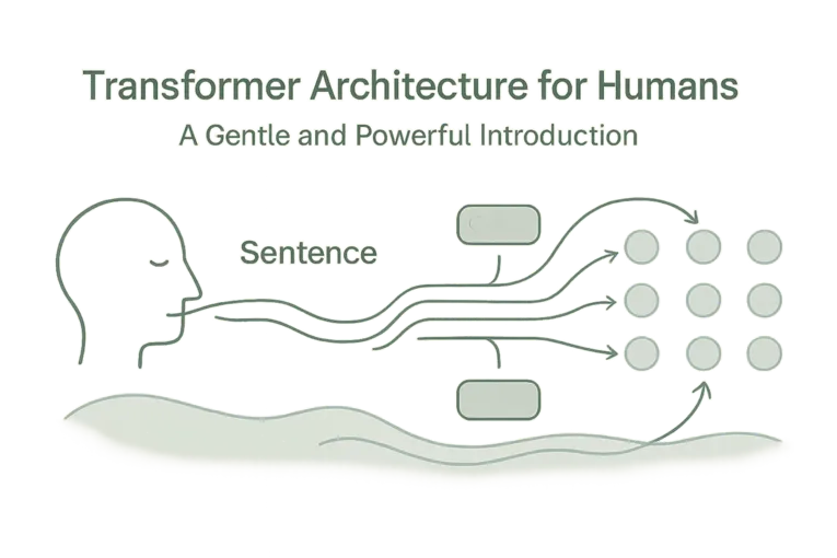 A minimal, horizontal Zen-style diagram illustrating self-attention at the heart of Transformer architecture.