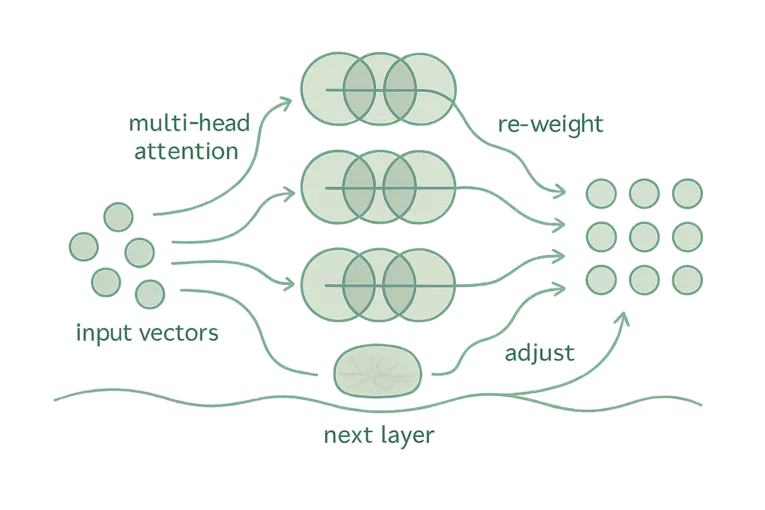 A minimalist Zen-style illustration showing how input vectors are reweighted through multi-head self-attention and passed through layers in a Transformer model.
