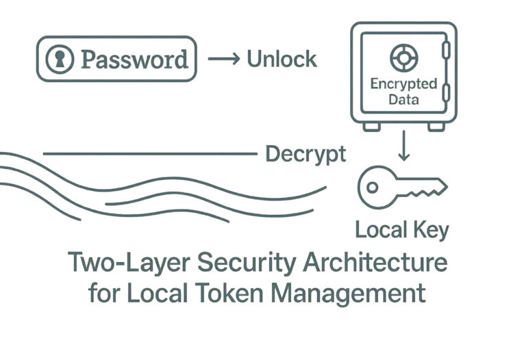 Diagram showing two-layer token security with 1Password icon, encrypted vault, local key, river lines, arrows, and labels, Unlock, Encrypted Data, Decrypt, Local Key, and the title.